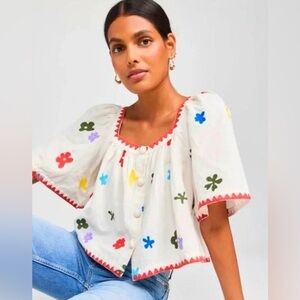 Caroline Constas Floral Embroidered Cropped Top Blouse Size XS